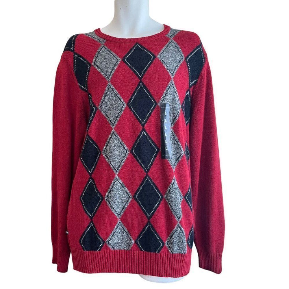 GEOFFREY BEENE LARGE Men Sweater Knit Crew Neck Long Sleeve Argyle Wine NWT